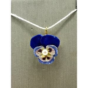 18K Yellow Gold Painted Pansy & Pearl Pendant/Pin (16776)